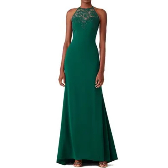 Badgley Mischka Green Emerald Lace Halter Tyler Gown Women's 14